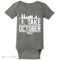 Take October Baseball Fan Philadelphia Skyline Baby Bodysuit thumb 0