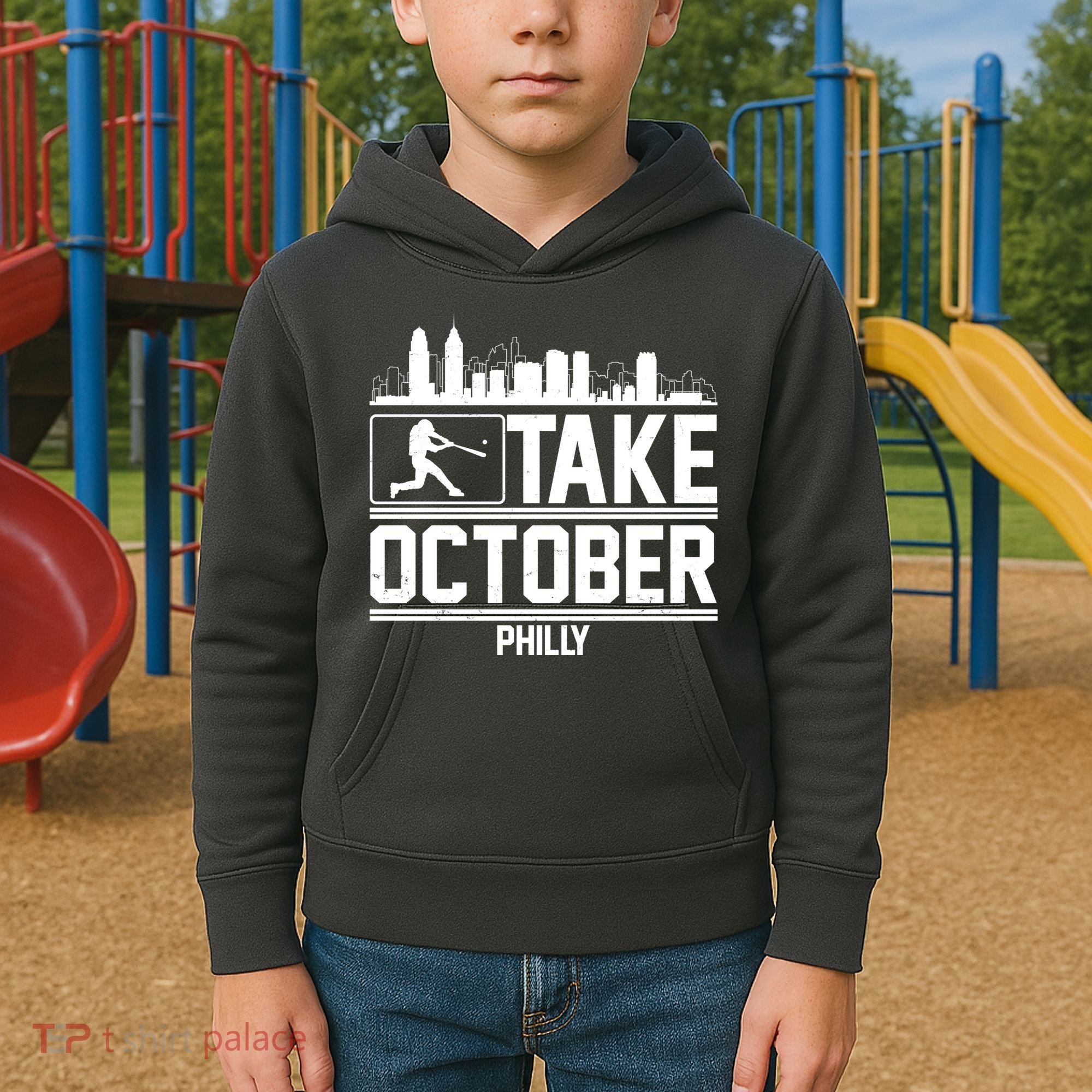 Take October Baseball Fan Philadelphia Skyline Kids Hoodie