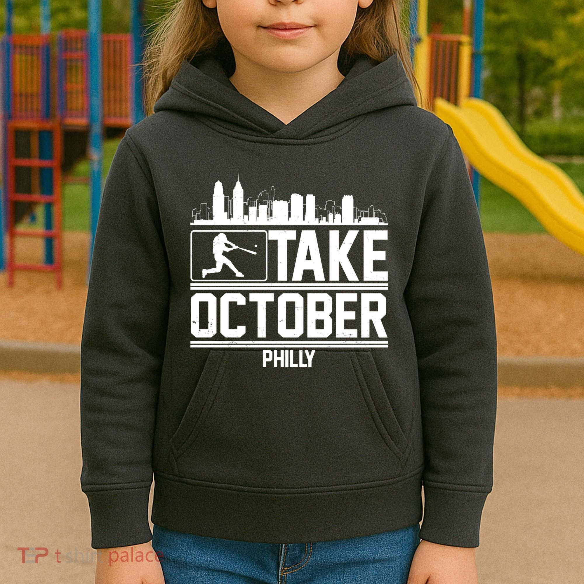 Take October Baseball Fan Philadelphia Skyline Kids Hoodie