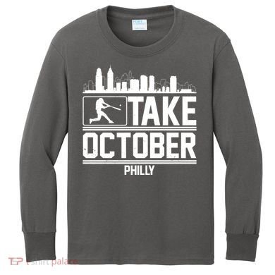 Take October Baseball Fan Philadelphia Skyline Kids Long Sleeve Shirt
