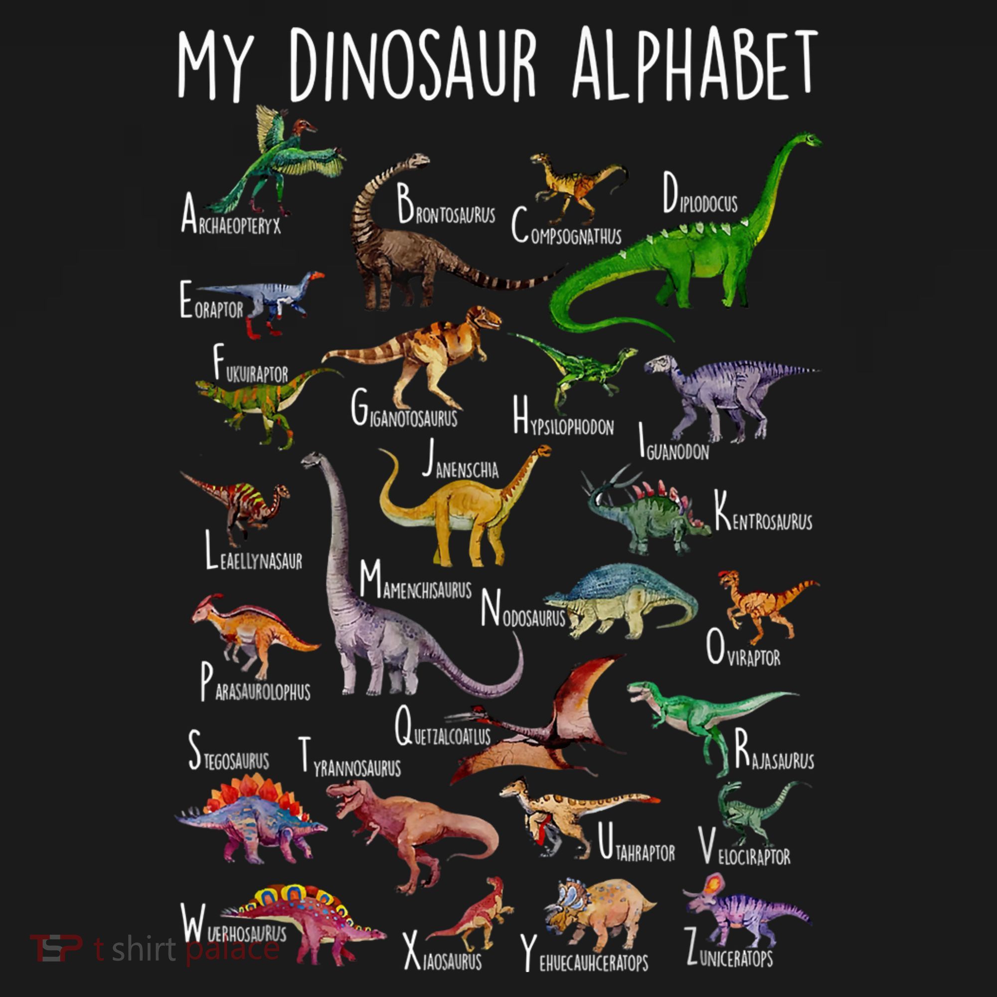Types Of Dinosaurs Alphabet A Z Abc Dino Rex Identification T-Shirt