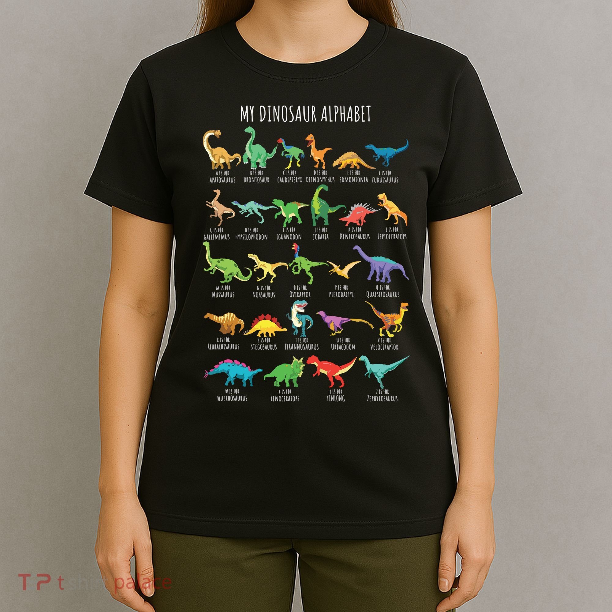 Types Of Dinosaurs Alphabet AZ ABC Dino Identification Short Sleeve T-Shirt