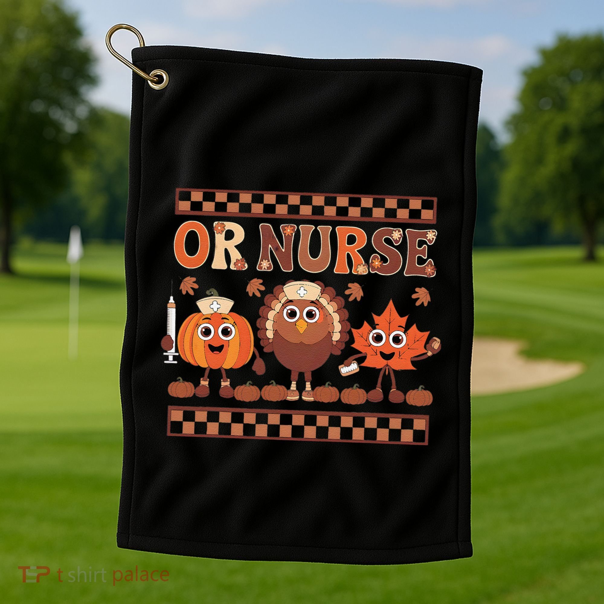 Thanksgiving Or Nurse Fall Pumpkin And Turkey Autumn Check Golf Towel