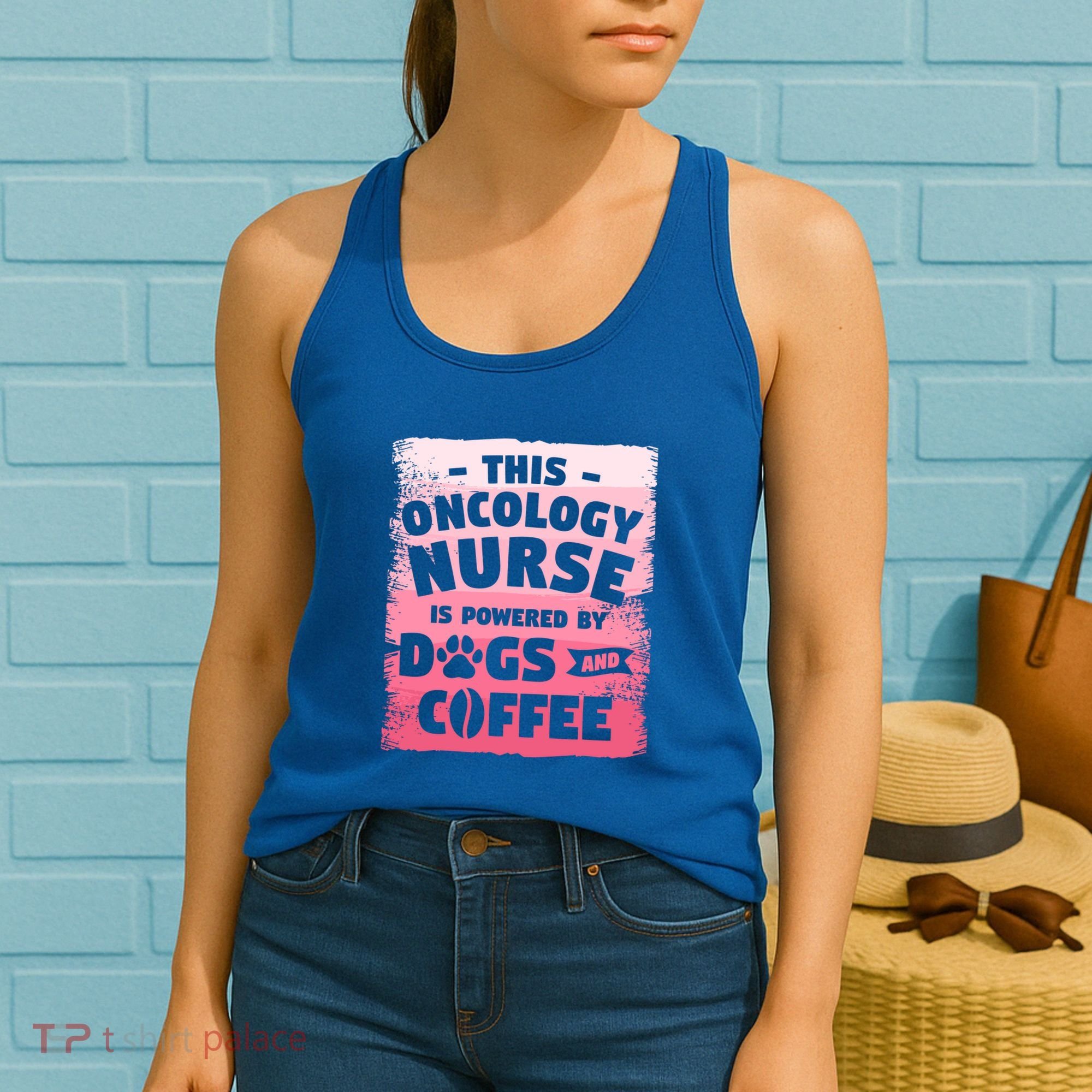 This Oncology Nurse Is Powered By Dogs And Coffee Oncologist Gift Women's Tank Top