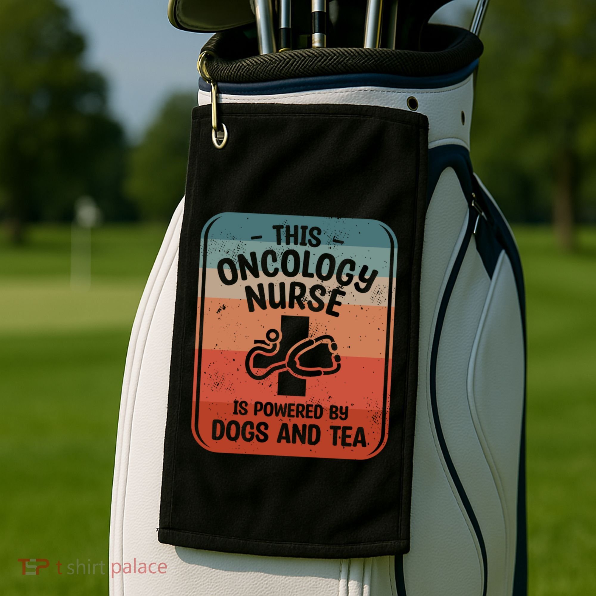 This Oncology Nurse Is Powered By Dogs And Tea Oncologist Cute Gift Golf Towel
