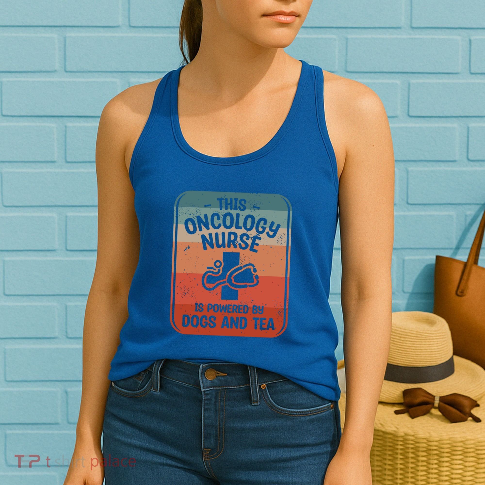 This Oncology Nurse Is Powered By Dogs And Tea Oncologist Cute Gift Women's Tank Top