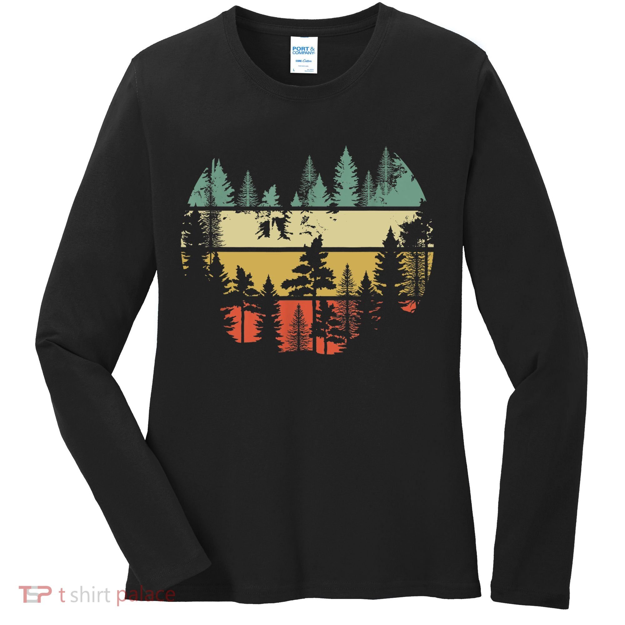 Trees Outdoors Nature Wildlife Retro Forest TShirt Women's Long Sleeve Shirt