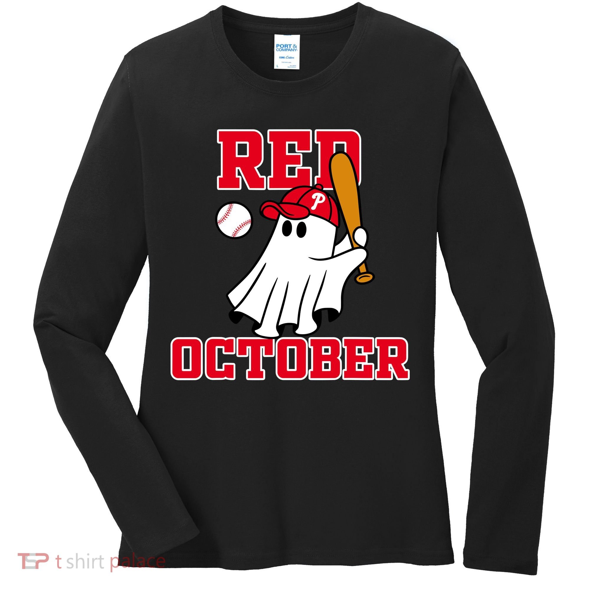 Take October Red October Philadelphia Ghost Baseball Halloween Women's Long Sleeve Shirt