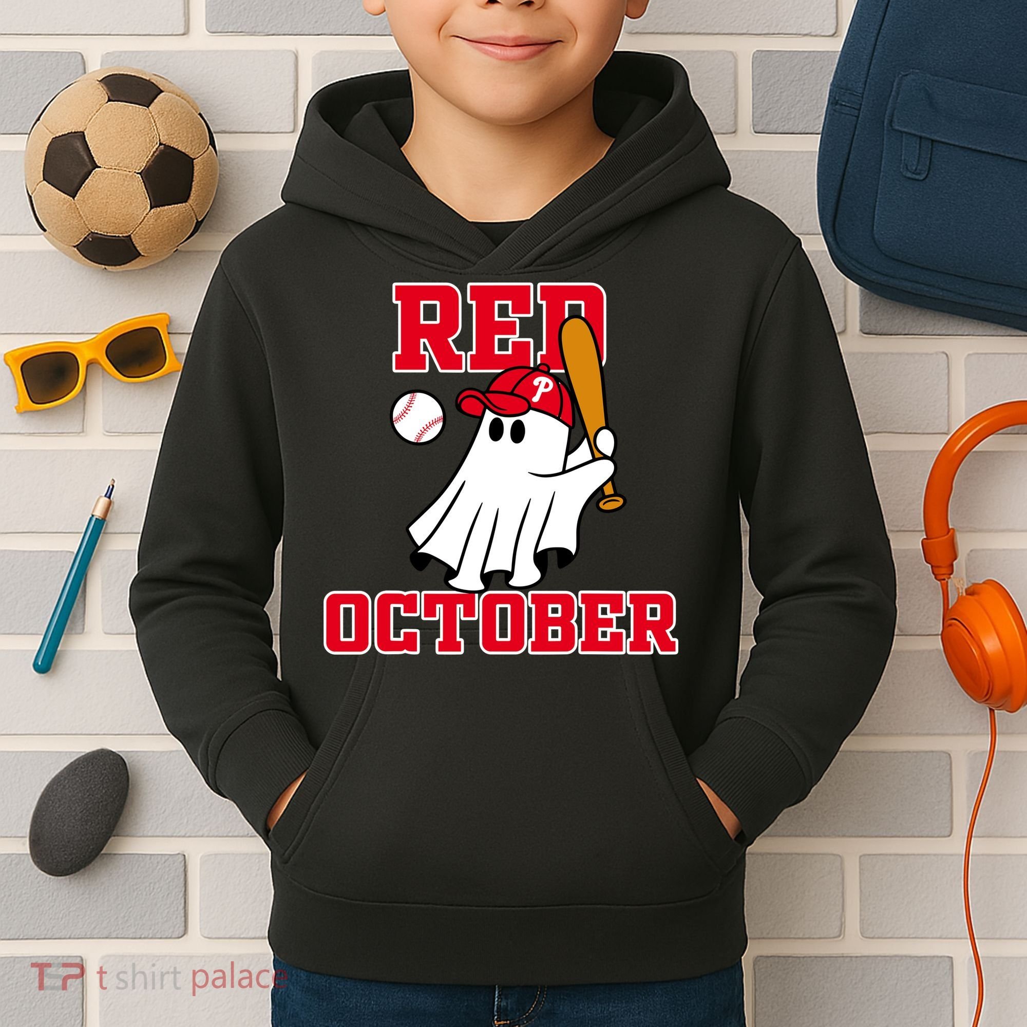Take October Red October Philadelphia Ghost Baseball Halloween Kids Hoodie