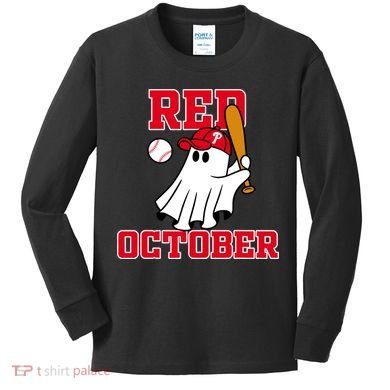Take October Red October Philadelphia Ghost Baseball Halloween Kids Long Sleeve Shirt
