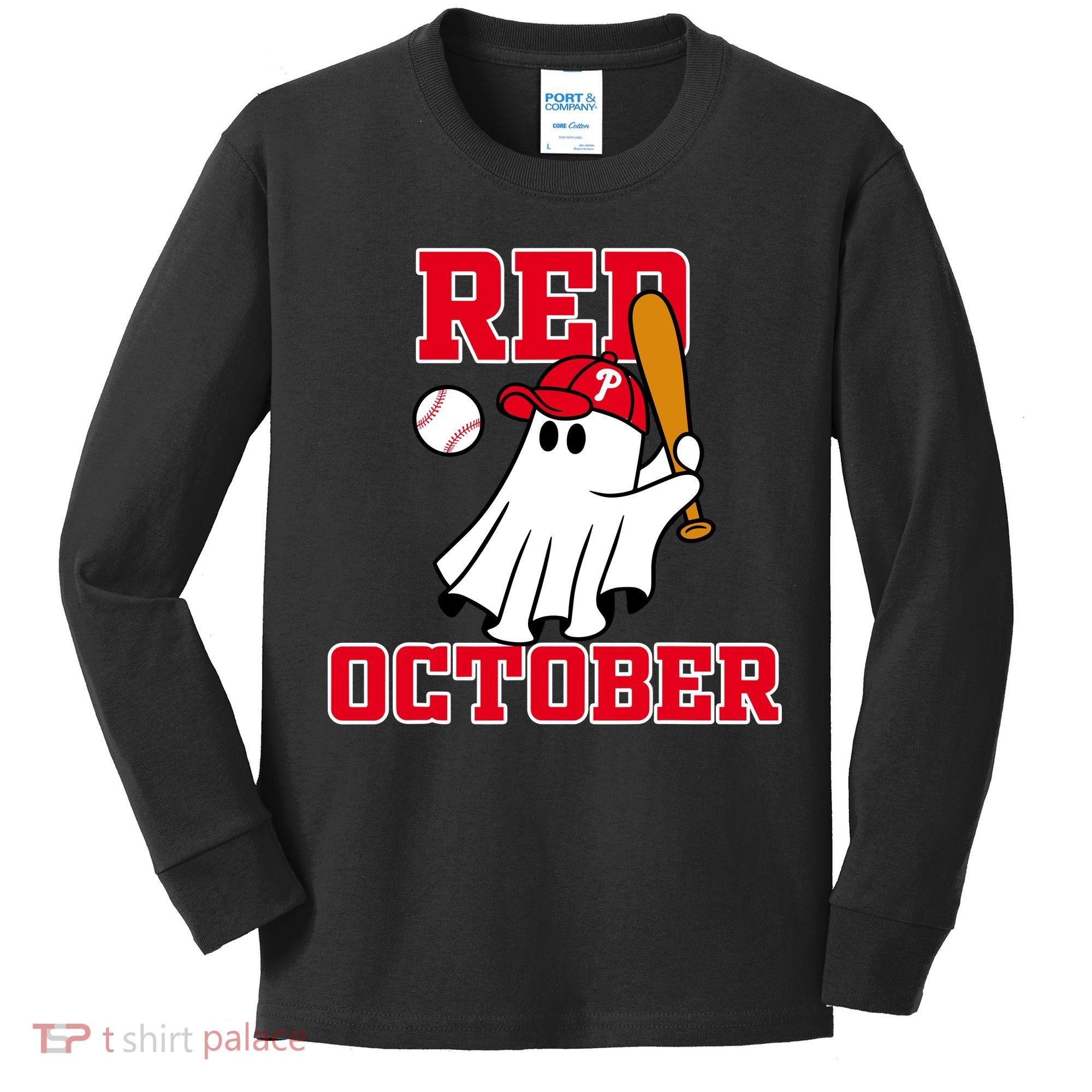 Take October Red October Philadelphia Ghost Baseball Halloween Kids Long Sleeve Shirt