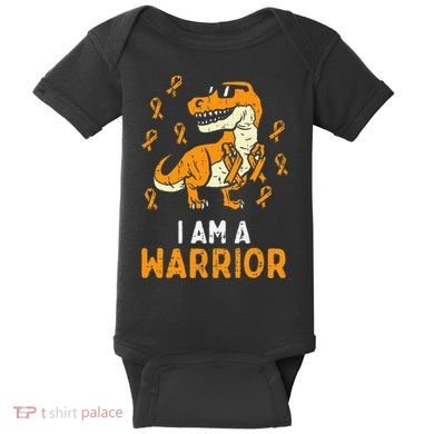Trex Orange Ribbon Im A Warrior Leukemia Awareness Baby Bodysuit