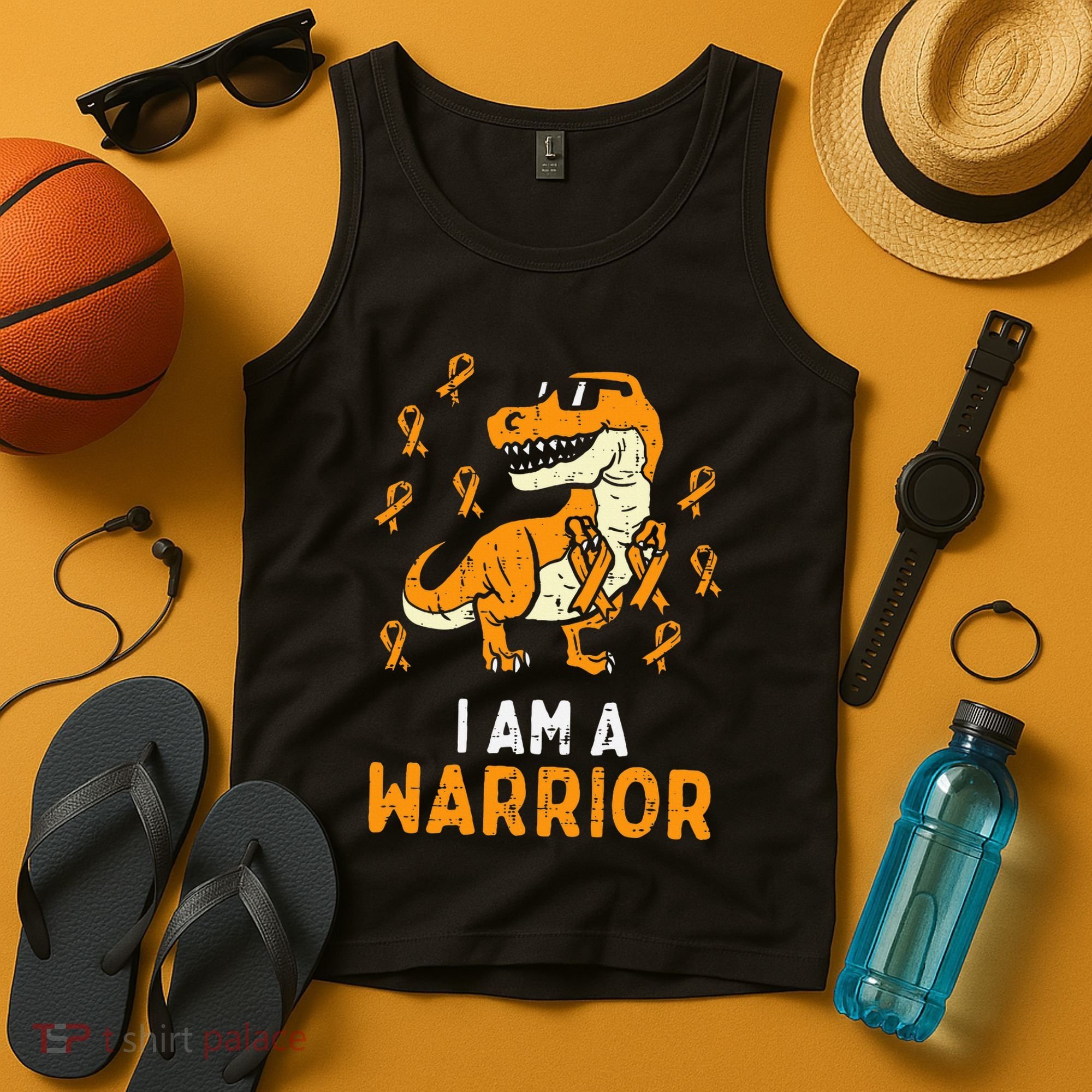 Trex Orange Ribbon Im A Warrior Leukemia Awareness Tank Top