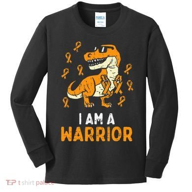 Trex Orange Ribbon Im A Warrior Leukemia Awareness Kids Long Sleeve Shirt