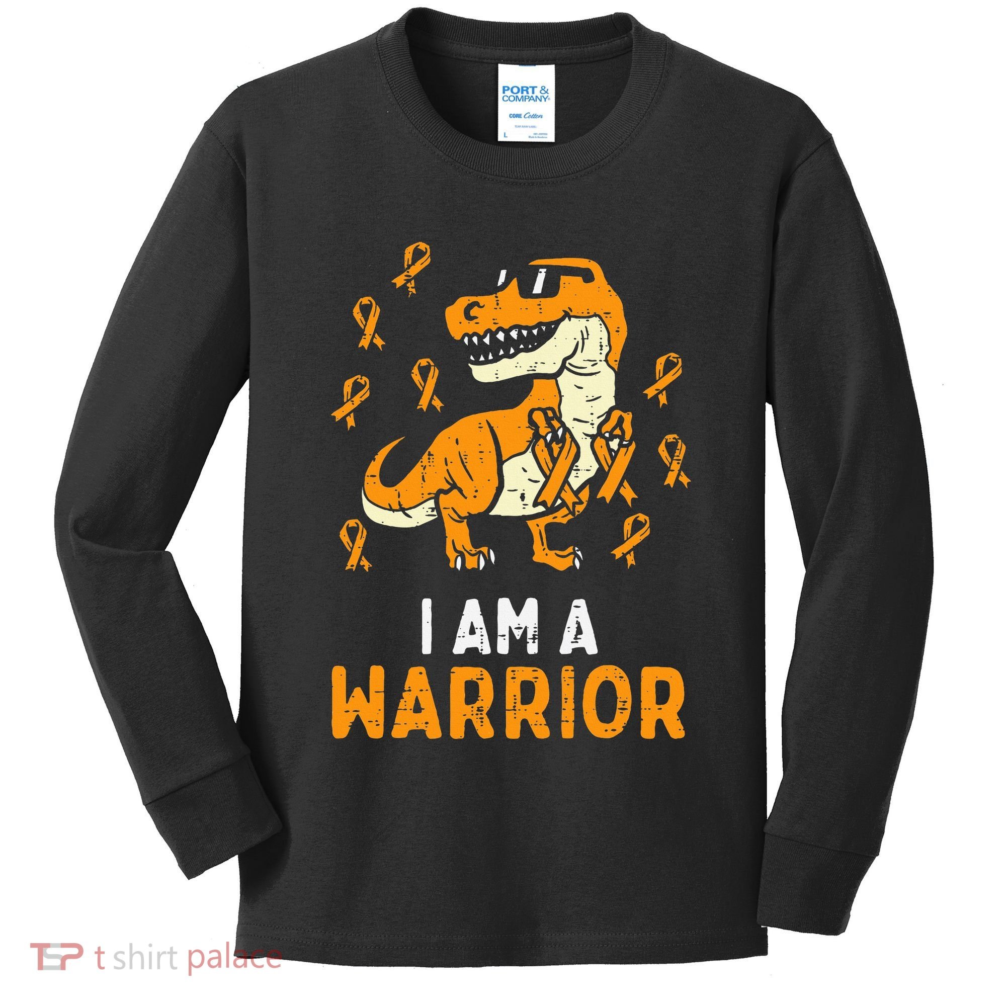 Trex Orange Ribbon Im A Warrior Leukemia Awareness Kids Long Sleeve Shirt