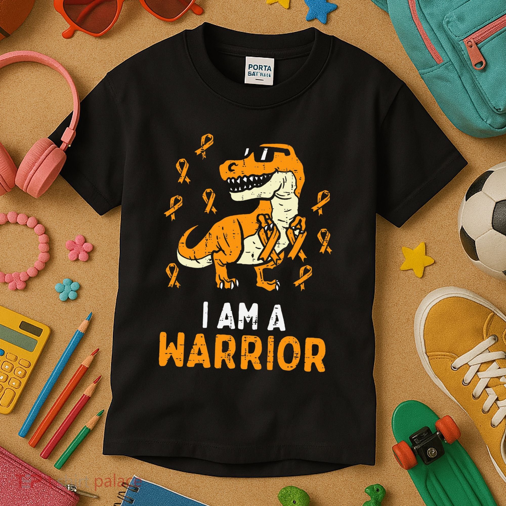 Trex Orange Ribbon Im A Warrior Leukemia Awareness Kids T-Shirt