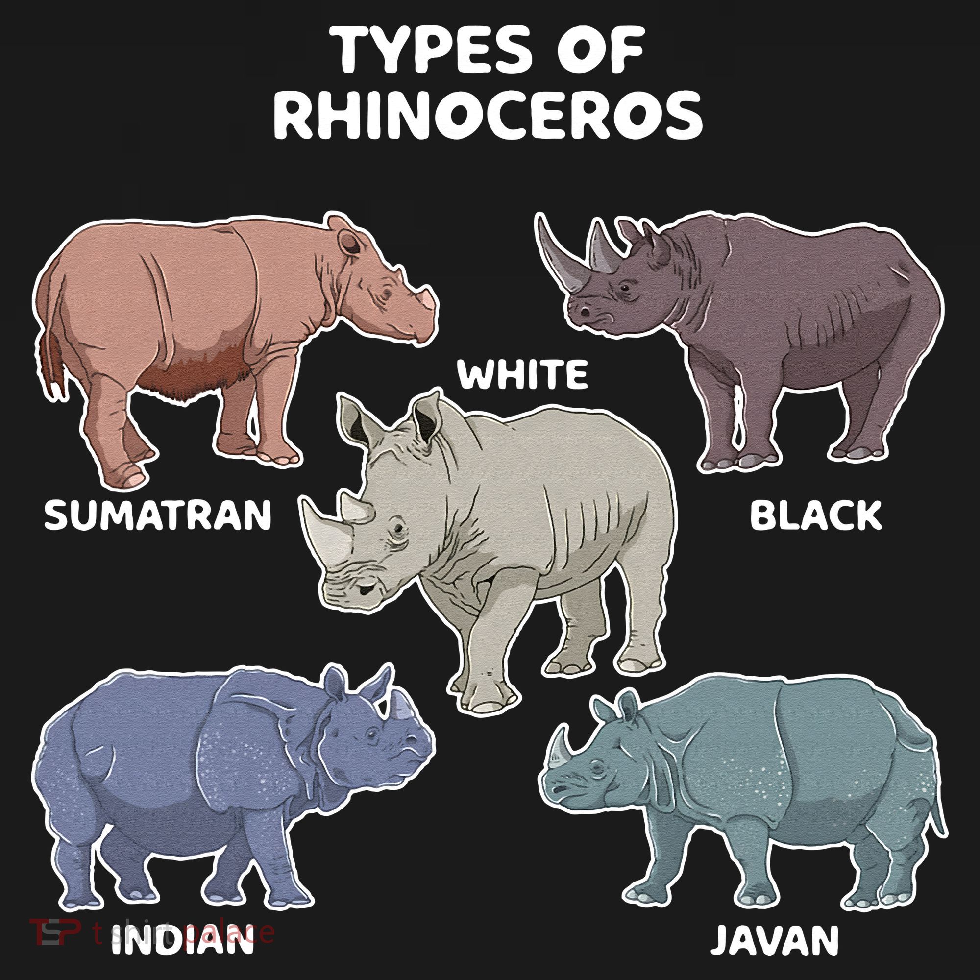 Types of Rhinoceros Sumatran Javan Rhino Animal Art T-Shirt