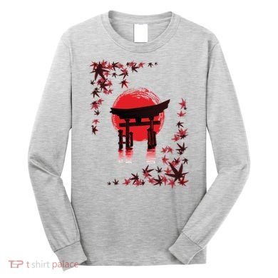 Torii Arch Sunset Maple Leaves Red Sun Long Sleeve Shirt