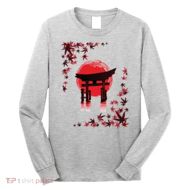 Torii Arch Sunset Maple Leaves Red Sun Long Sleeve Shirt