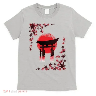 Torii Arch Sunset Maple Leaves Red Sun T-Shirt