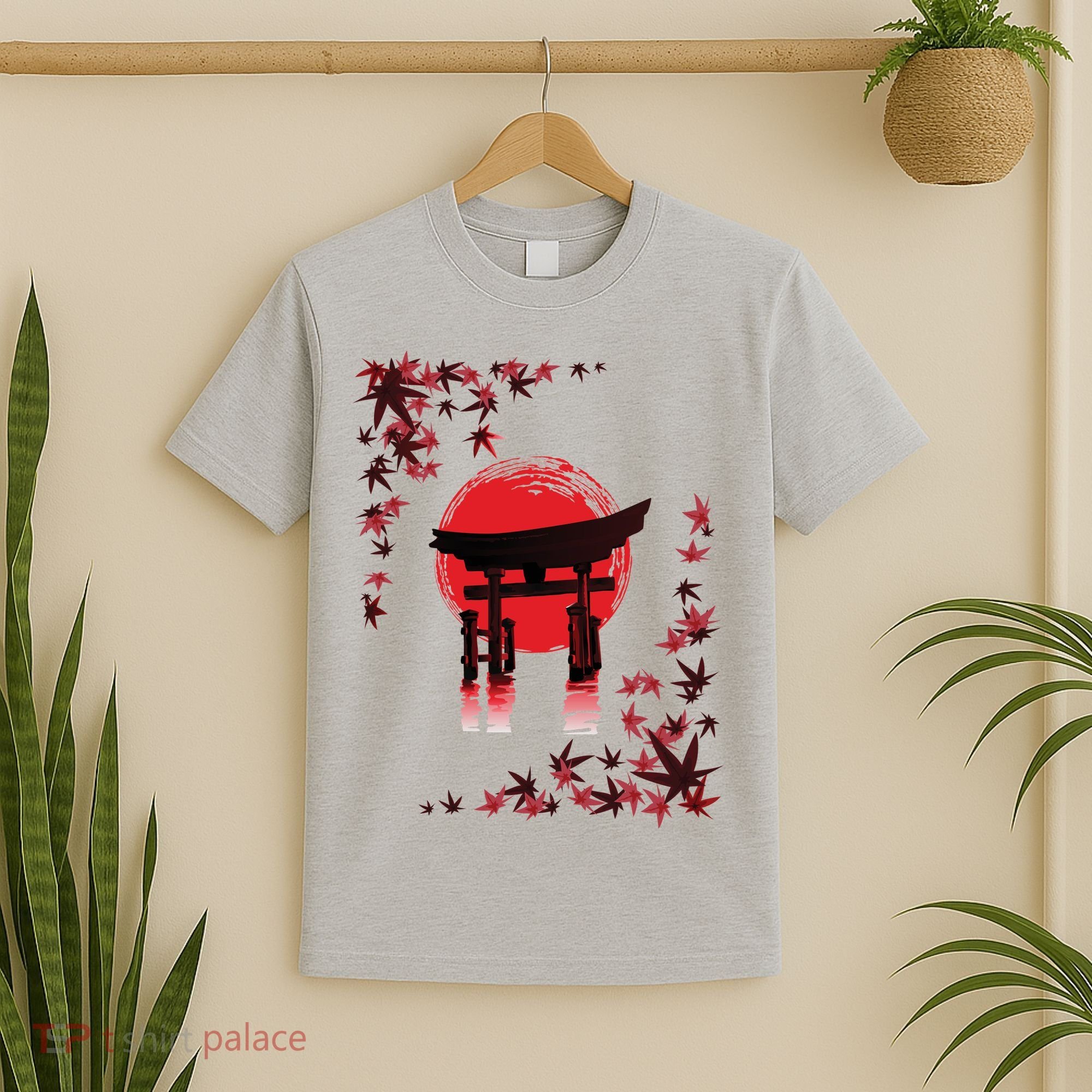 Torii Arch Sunset Maple Leaves Red Sun T-Shirt
