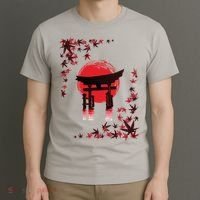 Torii Arch Sunset Maple Leaves Red Sun T-Shirt thumb 3