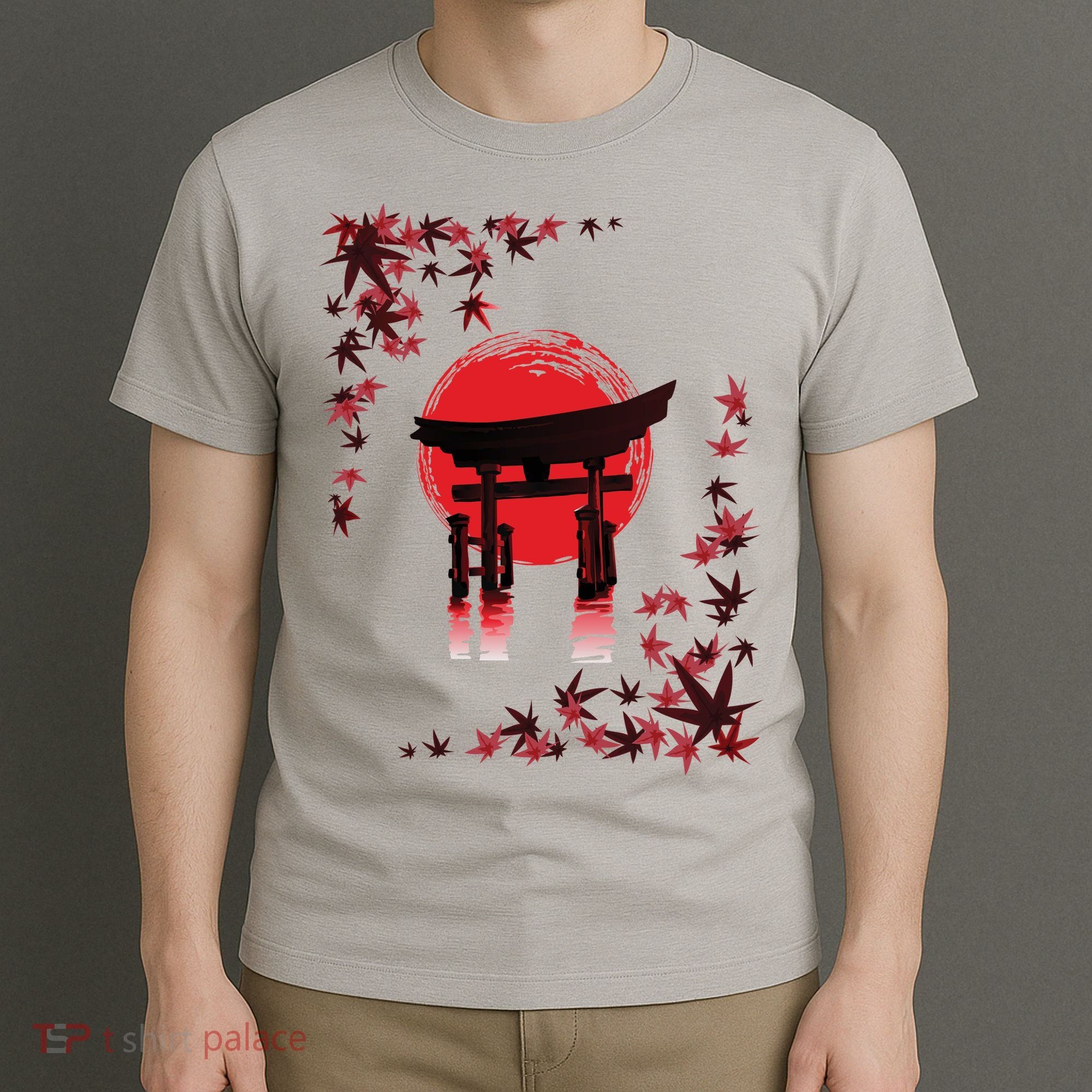 Torii Arch Sunset Maple Leaves Red Sun T-Shirt