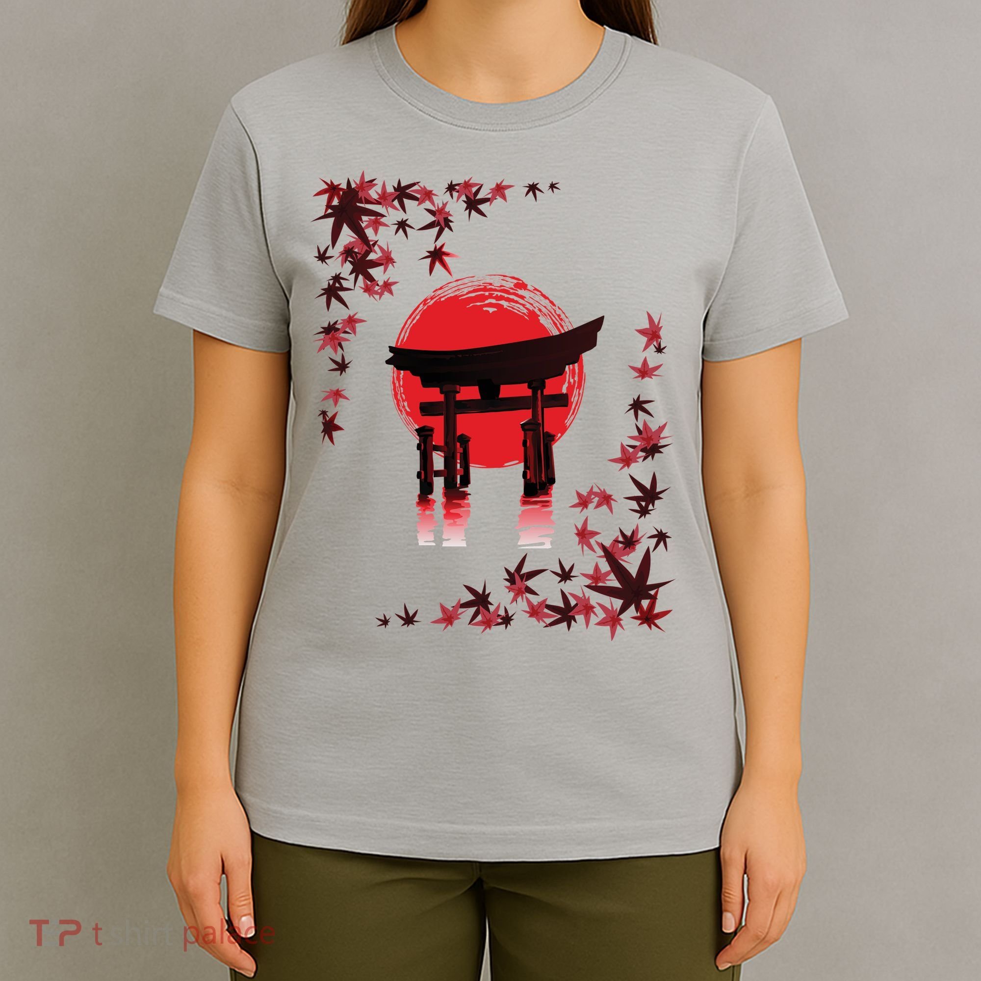 Torii Arch Sunset Maple Leaves Red Sun T-Shirt