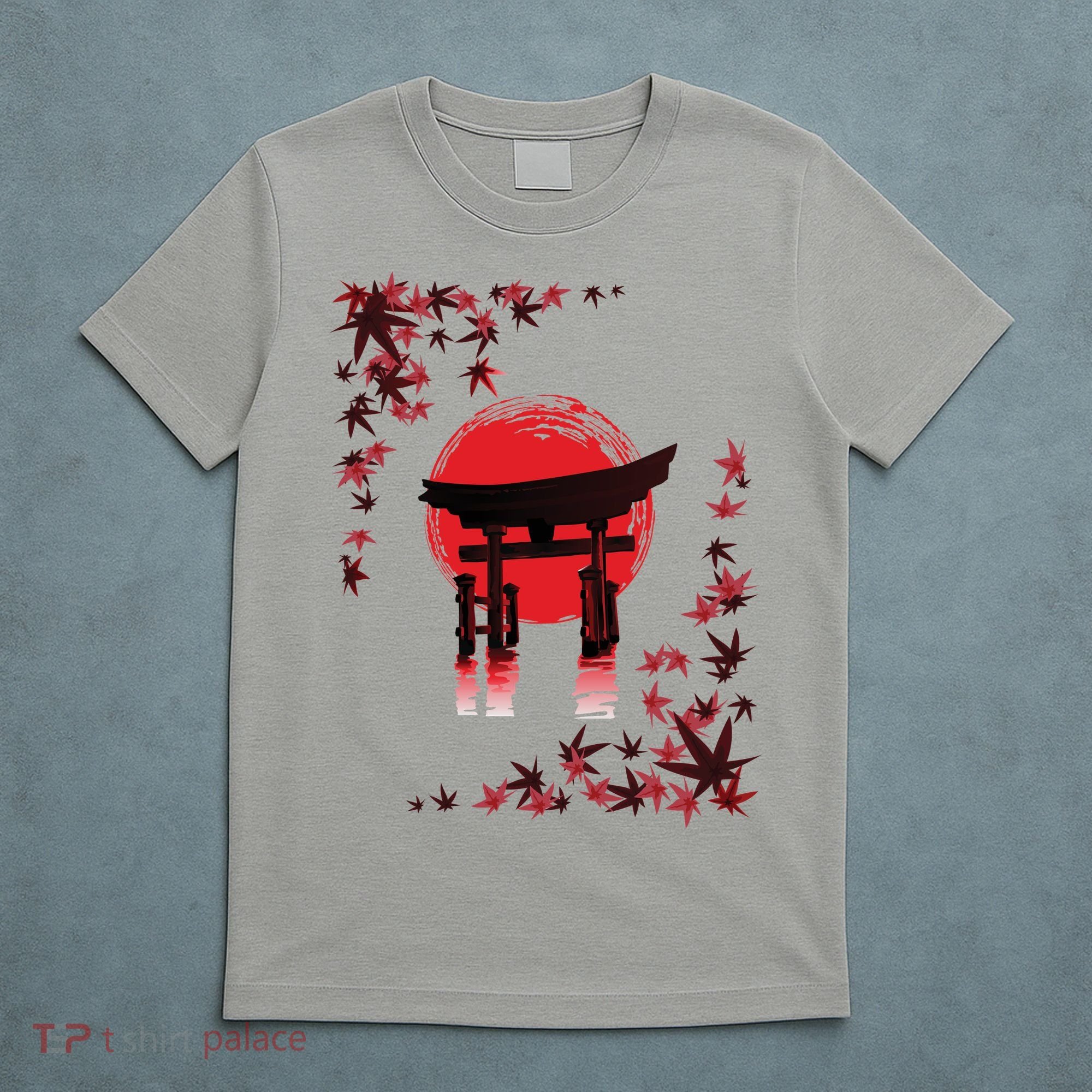 Torii Arch Sunset Maple Leaves Red Sun T-Shirt