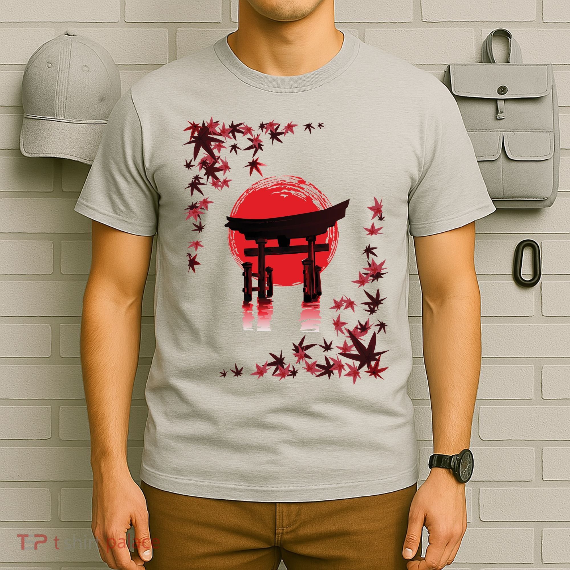 Torii Arch Sunset Maple Leaves Red Sun T-Shirt