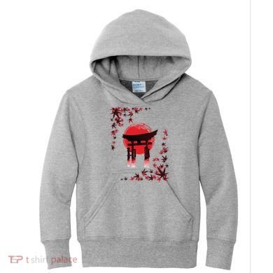 Torii Arch Sunset Maple Leaves Red Sun Kids Hoodie