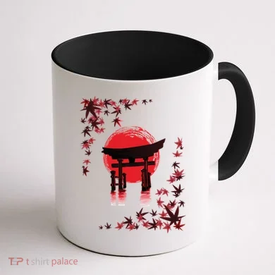 Torii Arch Sunset Maple Leaves Red Sun Coffee Mug back