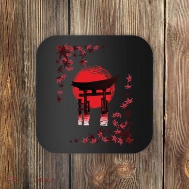Torii Arch Sunset Maple Leaves Red Sun Coaster