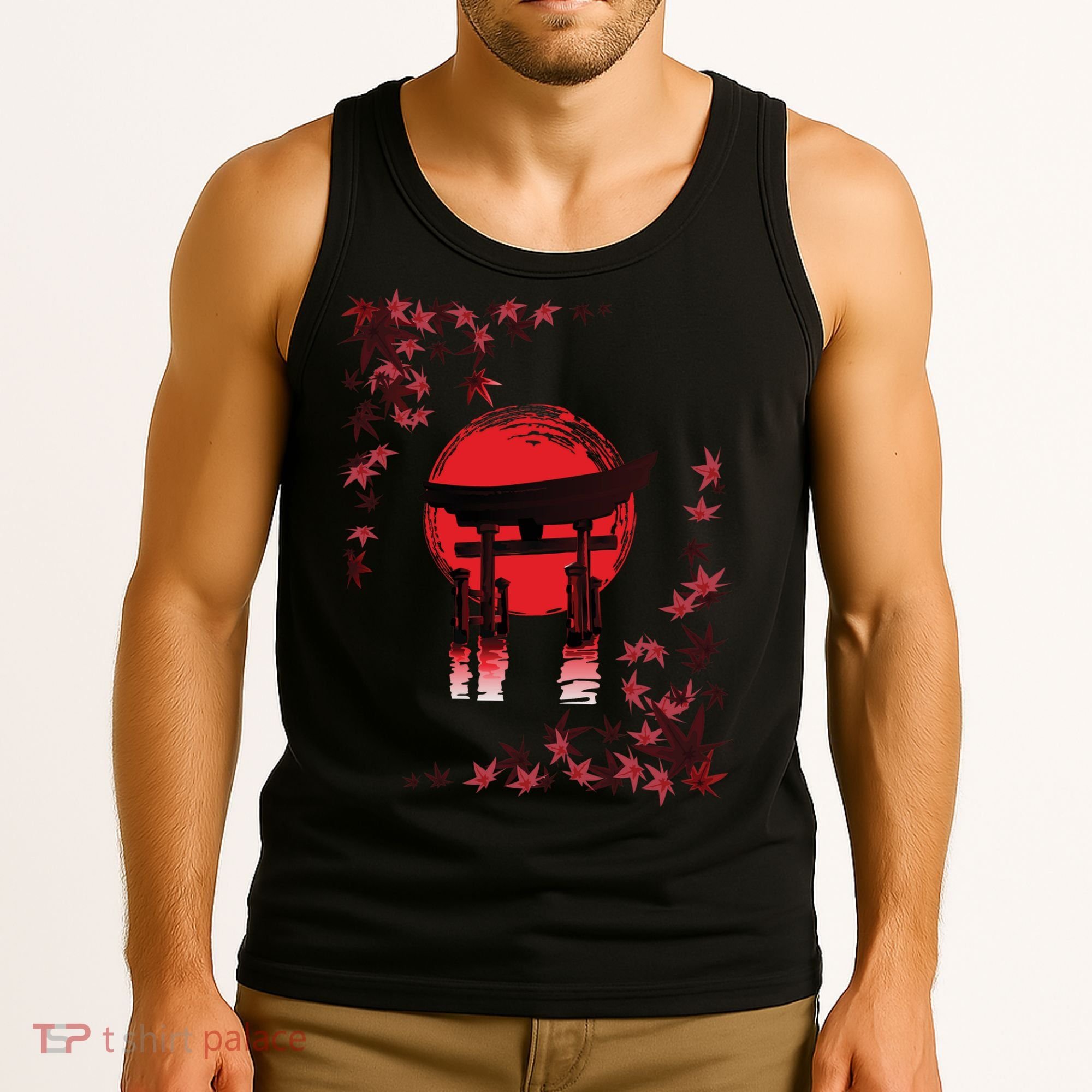 Torii Arch Sunset Maple Leaves Red Sun Tank Top