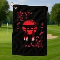 Torii Arch Sunset Maple Leaves Red Sun Golf Towel thumb 1