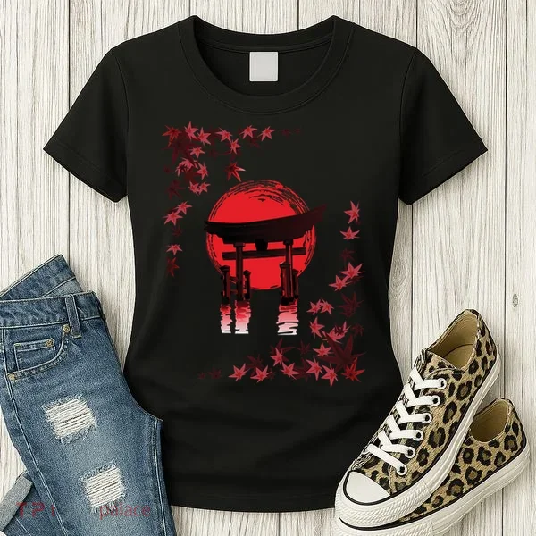Torii Arch Sunset Maple Leaves Red Sun Women's T-Shirt