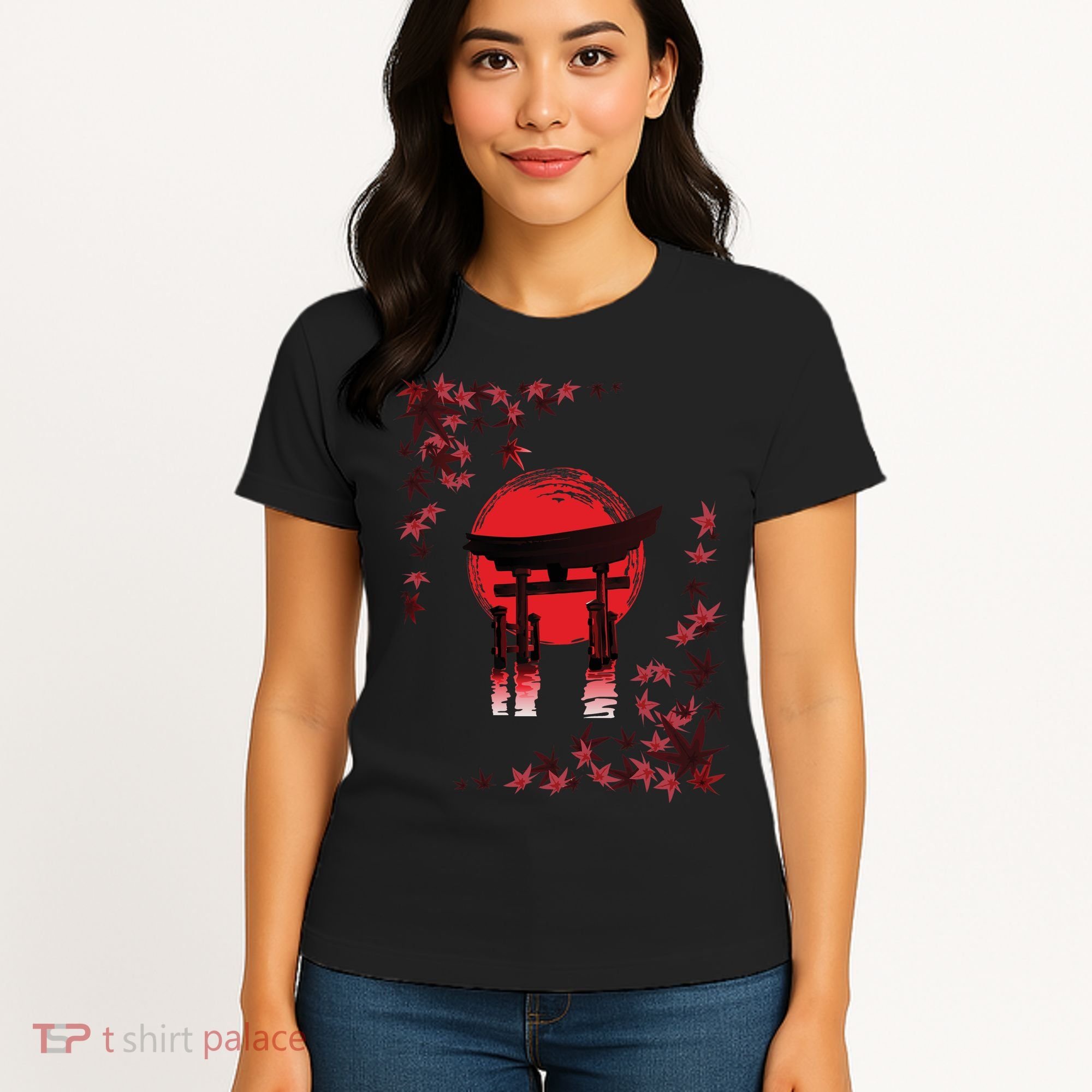 Torii Arch Sunset Maple Leaves Red Sun Women's T-Shirt