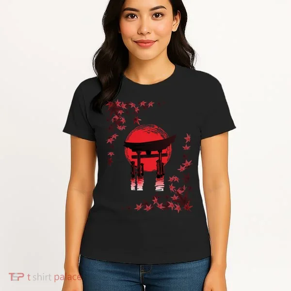 Torii Arch Sunset Maple Leaves Red Sun Women's T-Shirt