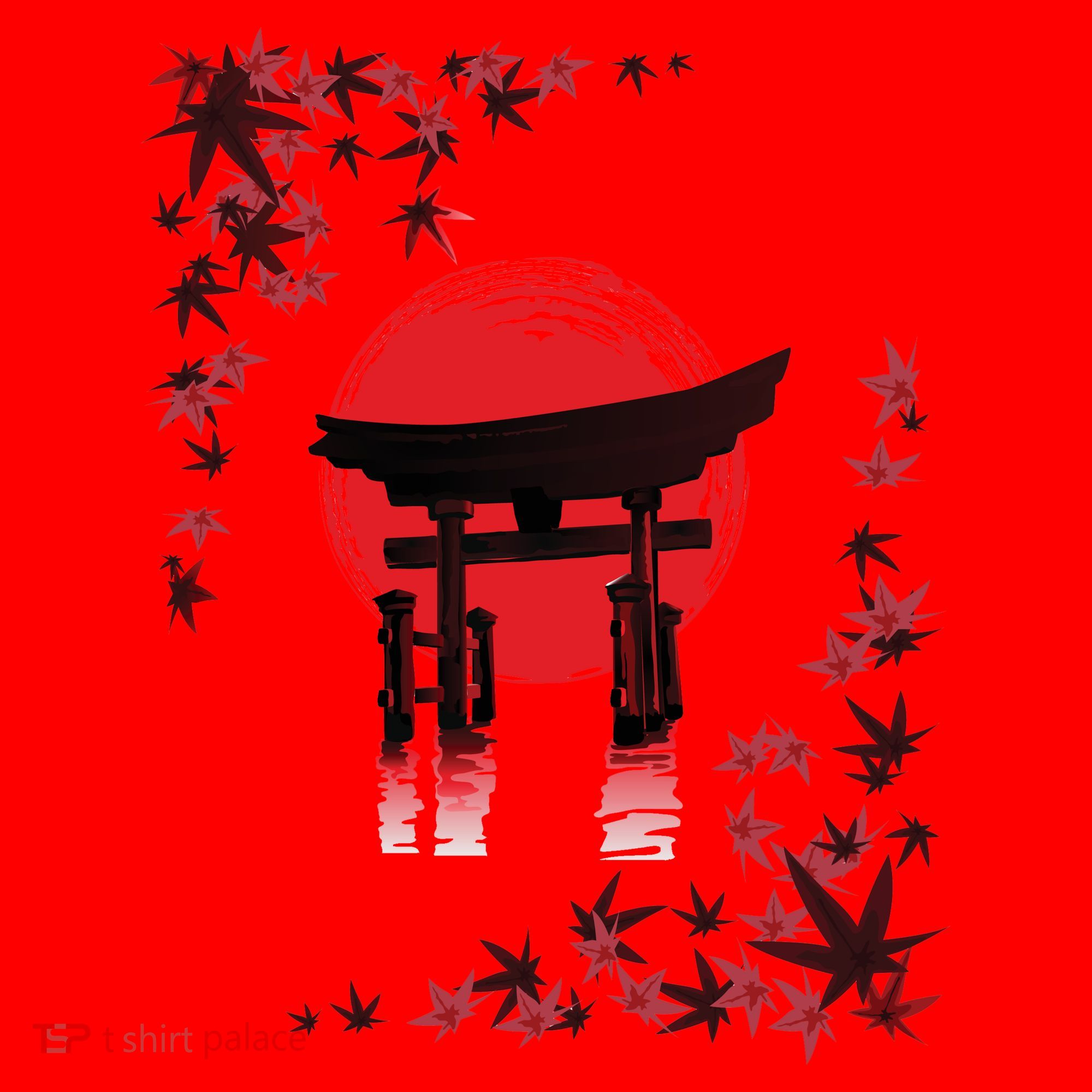 Torii Arch Sunset Maple Leaves Red Sun Santa Hat
