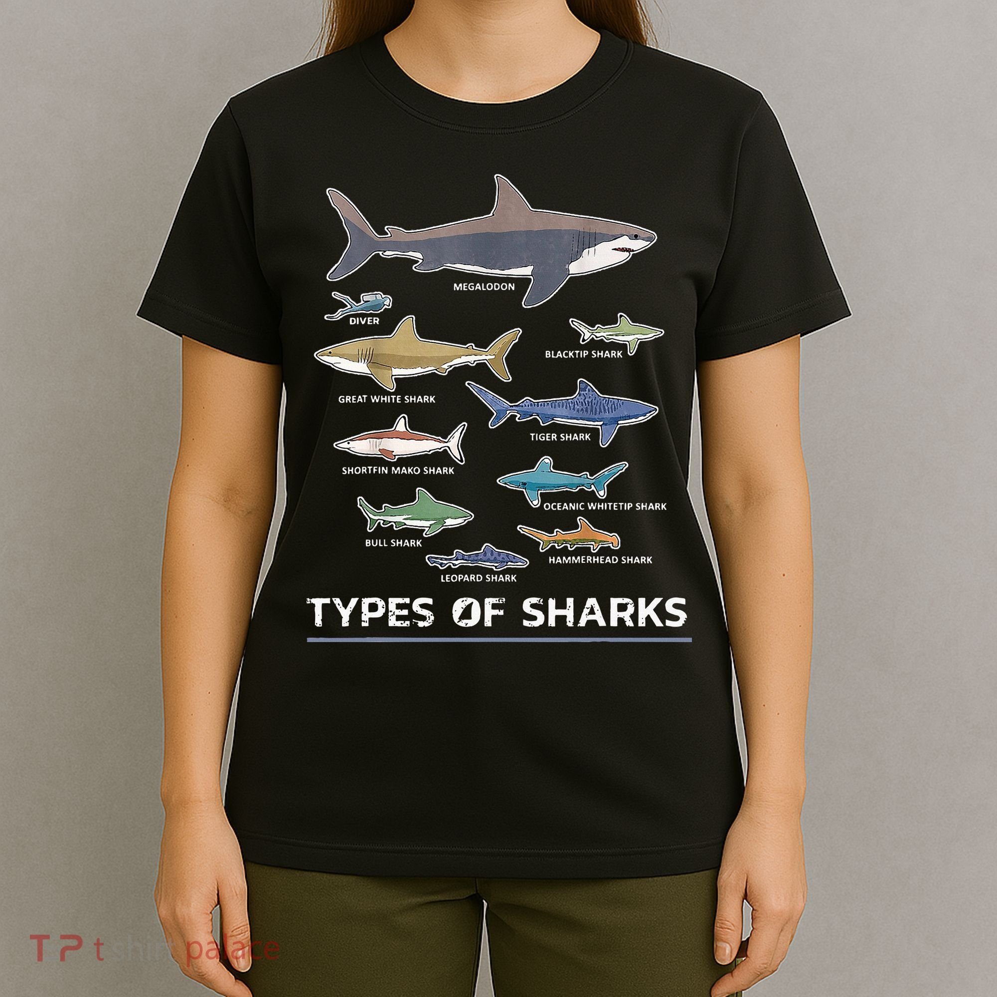 Types of Shark Megalodon Great White Nurse Shark T-Shirt