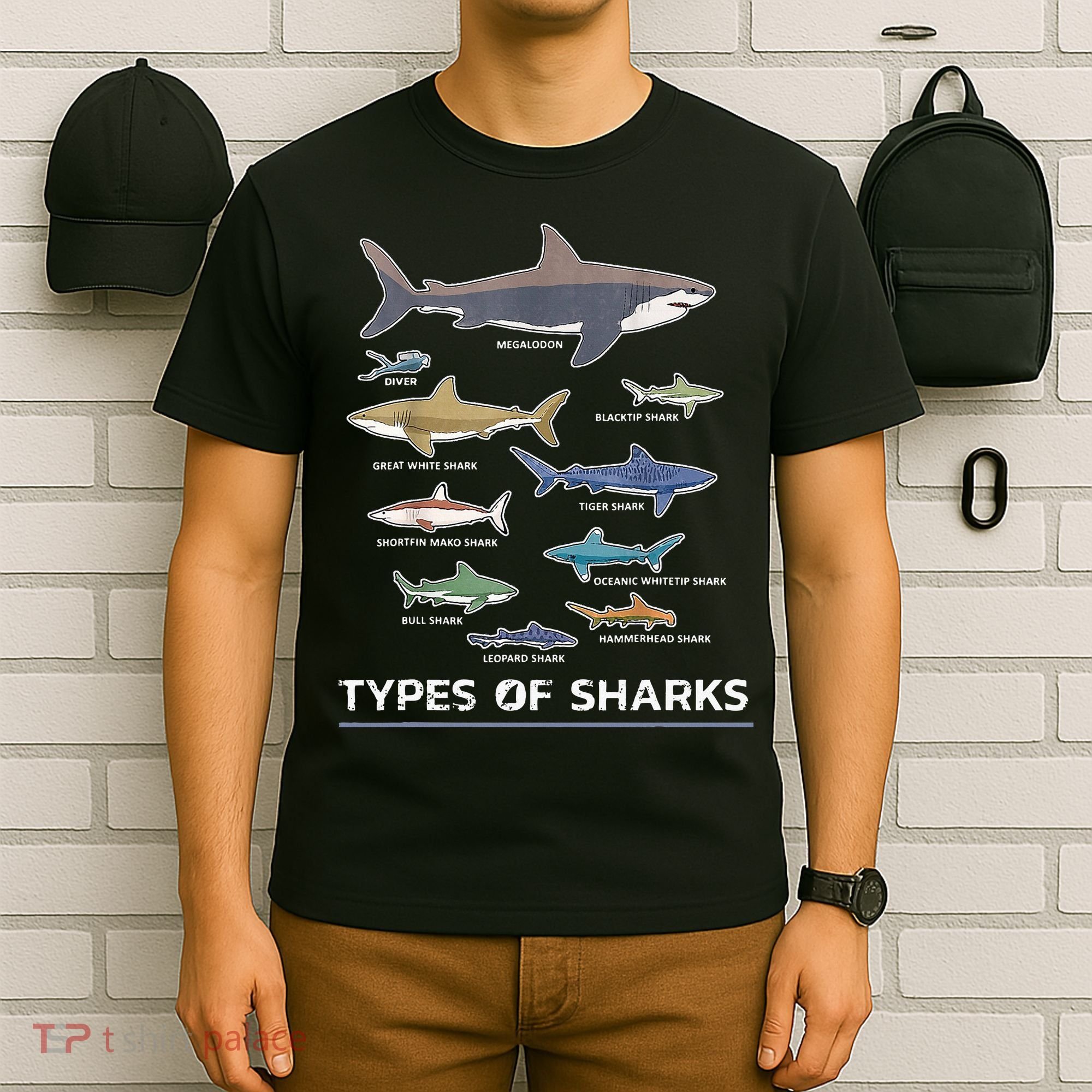 Types of Shark Megalodon Great White Nurse Shark T-Shirt
