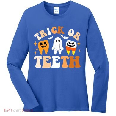Trick Or Teeth Funny Dental Spooky Halloween Treat Dentist Gift Women's Long Sleeve Shirt