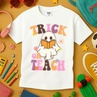 Trick Or Teach Cute Book Ghost Kids T-Shirt thumb 3