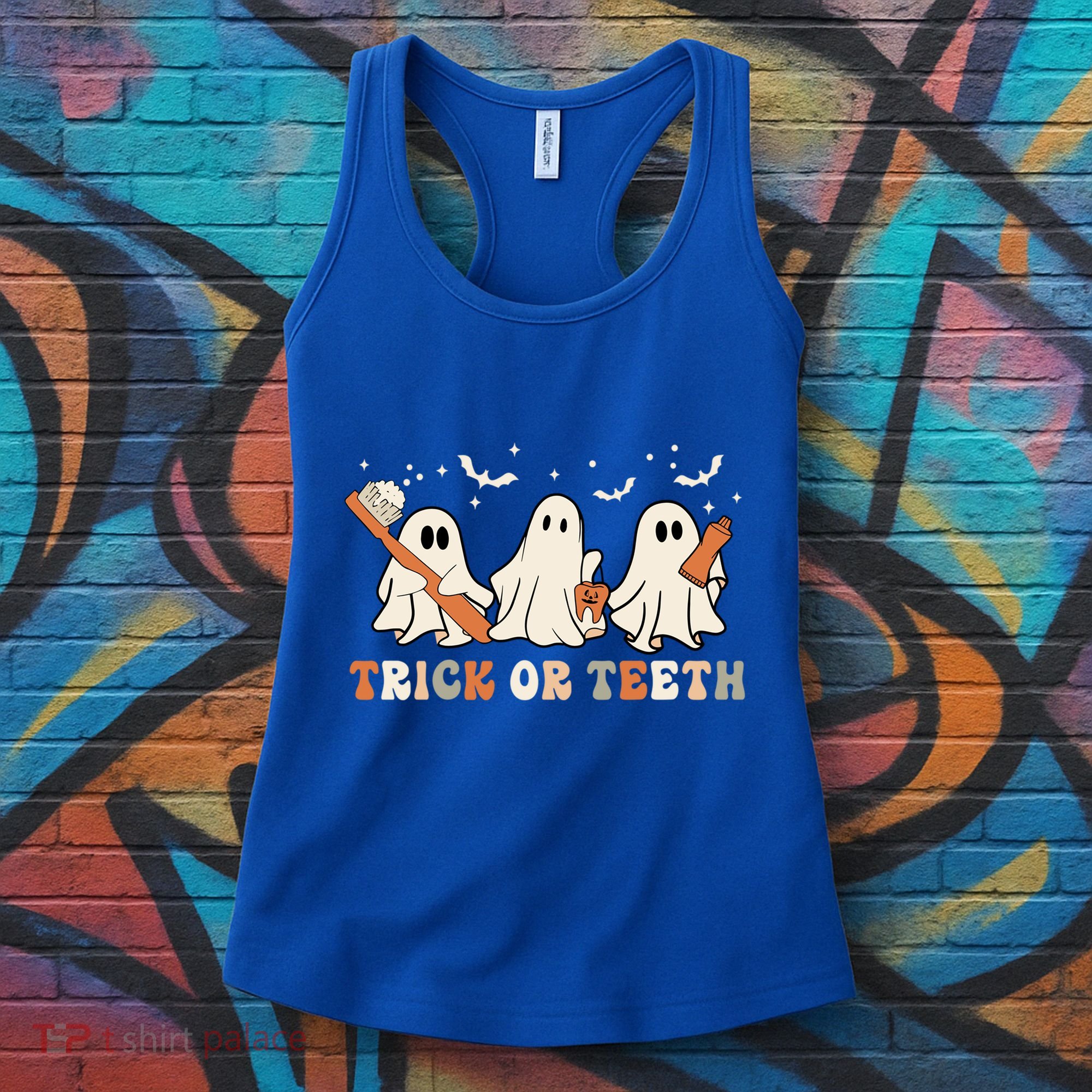 Trick Or Teeth Toothbrush Funny Boo Retro Pumpkin Halloween Gift Women's Tank Top