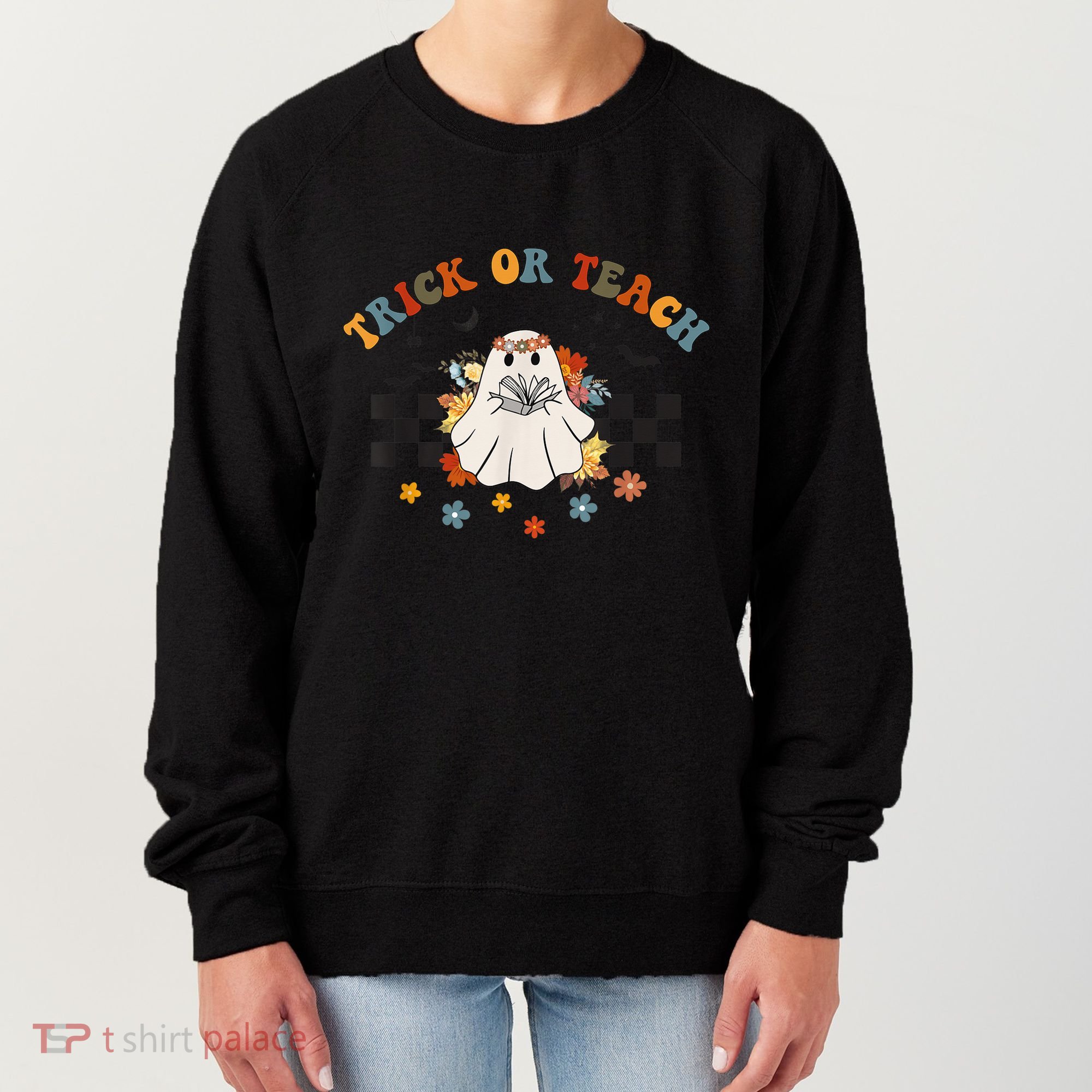 Trick or Teach Groovy Halloween Retro Floral Ghost Teacher Women's Sweatshirt