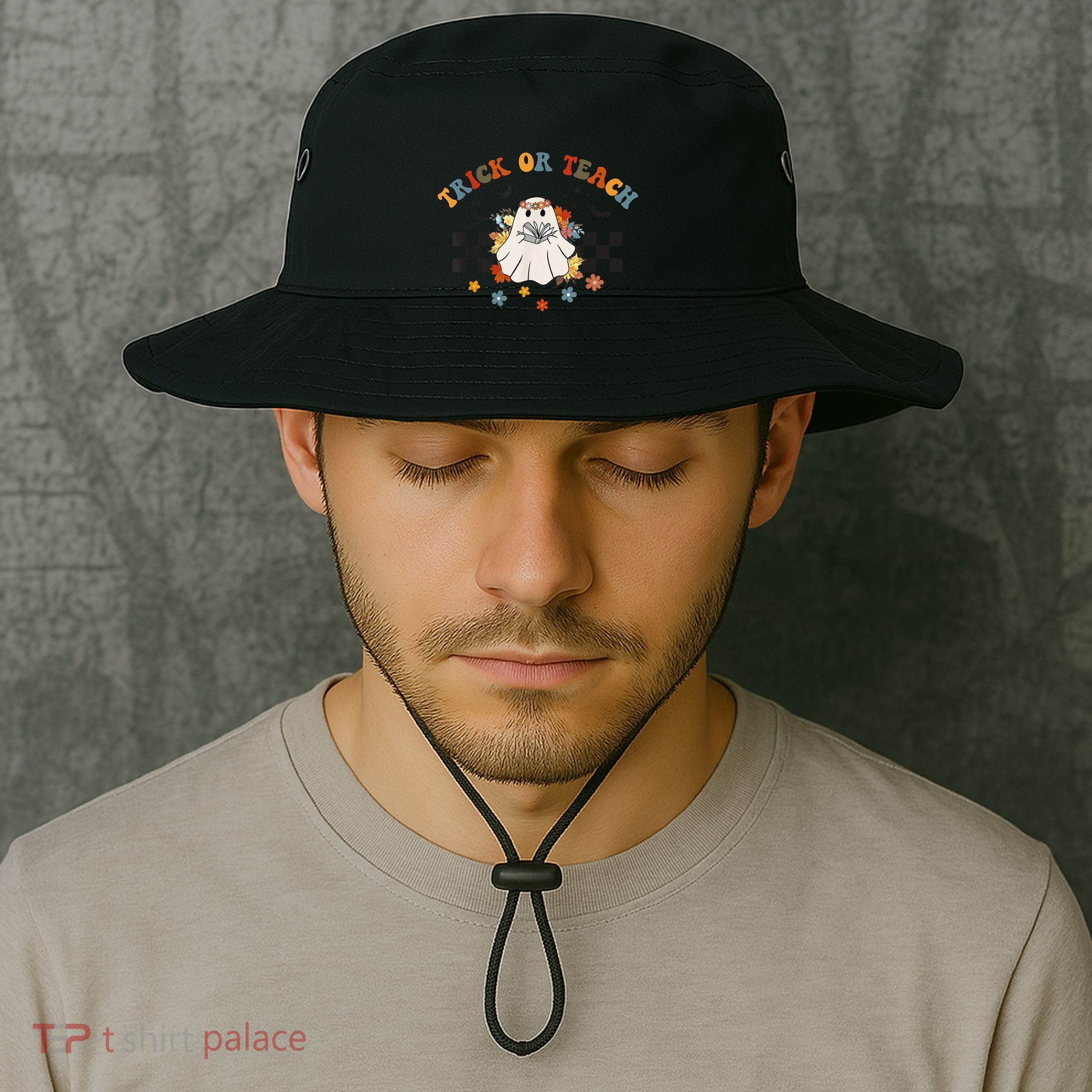 Trick or Teach Groovy Halloween Retro Floral Ghost Teacher Bucket Hat