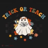 Trick or Teach Groovy Halloween Retro Floral Ghost Teacher Bucket Hat thumb 4