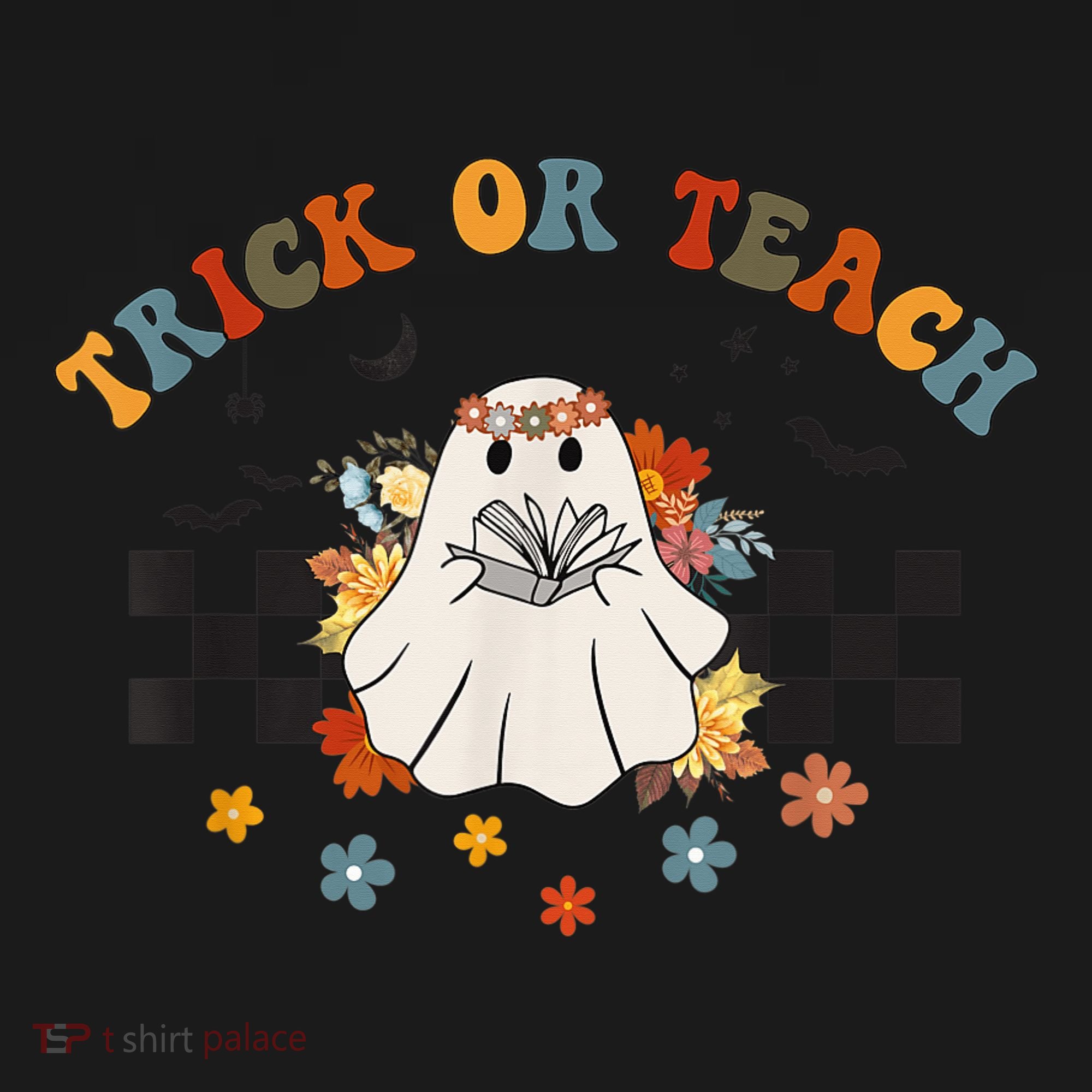 Trick or Teach Groovy Halloween Retro Floral Ghost Teacher Bucket Hat