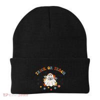 Trick or Teach Groovy Halloween Retro Floral Ghost Teacher Beanie thumb 0
