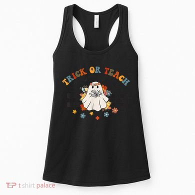 Trick or Teach Groovy Halloween Retro Floral Ghost Teacher Women's Tank Top